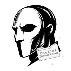 May include: Black and white illustration of a stylized face with a mask-like appearance. The image includes a folder icon with the text "Digital Download". The artwork has a graphic novel style.