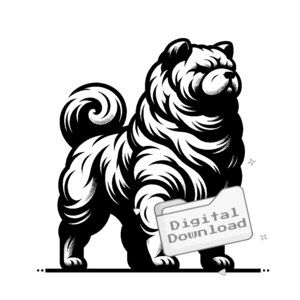 Puede incluir: Ilustración en blanco y negro de un perro Chow Chow de pie con una carpeta de descarga digital delante de él. El perro tiene un pelaje esponjoso y una expresión seria.