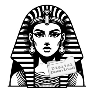 May include: Black and white illustration of an Egyptian pharaoh with a detailed headdress, earrings, and collar. The image includes a folder with the text "Digital Download."