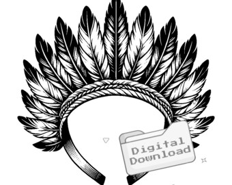 Peut inclure: Illustration en noir et blanc d'une coiffe amérindienne à plumes. La coiffe est un bandeau avec une rangée de plumes sur le dessus. Les plumes sont détaillées et réalistes.