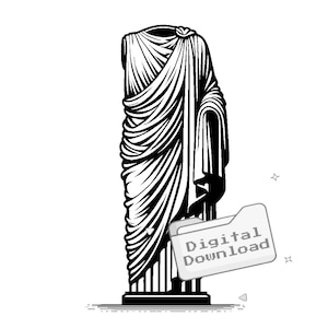May include: Black and white line art illustration of a statue of a person wearing a toga, standing on a pedestal. The image includes the text "Digital Download".
