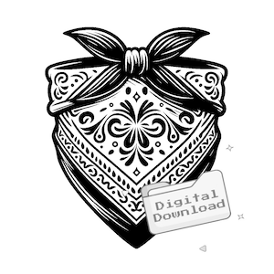 May include: Black and white bandana design with intricate floral and paisley patterns. The bandana is tied at the top in a bow. A digital download icon is in the lower right corner.