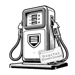 May include: Black and white illustration of a vintage gas pump with a digital download folder overlayed on the front. The gas pump has a price display with the numbers 969, 938, and 969.