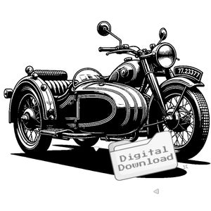 May include: Black and white illustration of a vintage motorcycle with a sidecar. The motorcycle has a large headlight and a number plate that reads "77.23377".