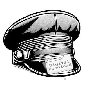 May include: Black and white illustration of a vintage style captain's hat with a digital download label attached to the brim. The label says "Digital Download".