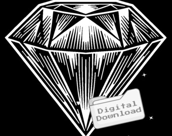 Könnte beinhalten: Schwarz-weiß-Illustration eines großen Diamanten mit einem stilisierten, gravierten Design. Das Bild enthält den Text "Digitaler Download" in einem weißen Ordnersymbol.