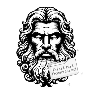 Könnte beinhalten: Schwarzweiß-Illustration eines Mannes mit langem Bart und wallendem Haar. Das Bild hat ein digitales Download-Label.
