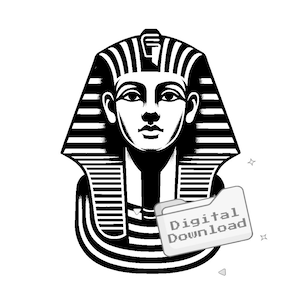 May include: Black and white illustration of an Egyptian pharaoh wearing a traditional headdress. The image is a digital download.