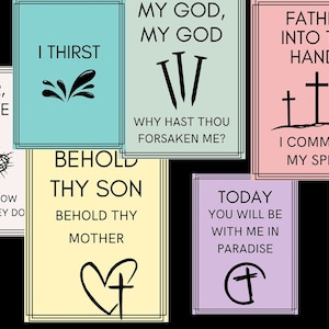 May include: Seven colorful cards with black text and illustrations. The cards feature quotes from the Bible, including "My God, My God, Why Hast Thou Forsaken Me?" and "It Is Finished".