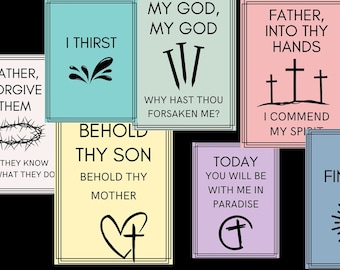 Mini affiches des sept dernières déclarations de Jésus sur la croix, en couleur et en noir et blanc. Vous pouvez imprimer en grand ou en petit.