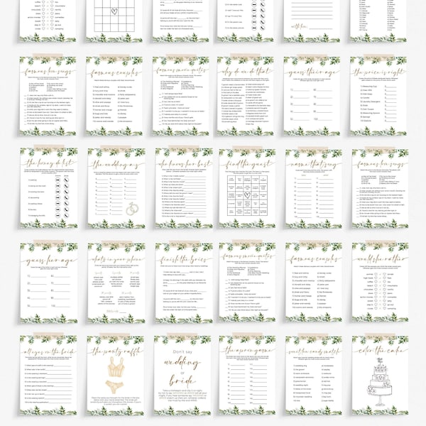 100 Editable Bridal Shower Game Set, Greenery Bridal Shower, Minimalist Wedding, Editable Bridal Party Games, Bride or Groom Game