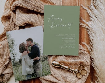 Minimalist Wedding Invitation Template Set | Olive Green Wedding Invite | Modern Sage Green Wedding Invite | Photo Wedding Invite