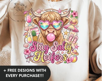 Stay Salty Heifers PNG, Funny Highland Cow Summer Beach Sublimation Design, Funny Tropical Cowgirl Vacation Digital Download