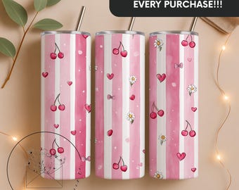 Cute Strawberry Coquette Bow & Daisy Design 20 oz Skinny Tumbler Sublimation Design Digital Download PNG Instant DIGITAL ONLY, Tumbler Wrap