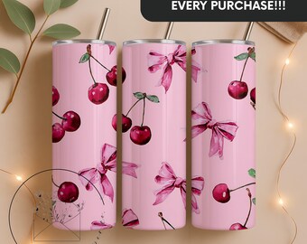 Pink Coquette Cherries 20 oz Skinny Tumbler Sublimation Design Digital Download PNG Instant DIGITAL ONLY, Tumbler Wrap