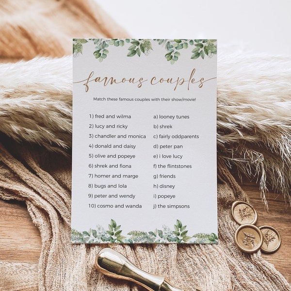 Famous Couples Game, Bridal Guess Game, BridalShower Game, Printable Bridalshower Game, Minimalist Bridalshower Game, Greenery Bridal Shower