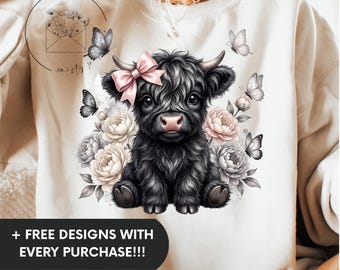 Black Highland Cow Shirt PNG, Pink Bow Floral Butterfly Farmhouse Sweatshirt Sublimation Design