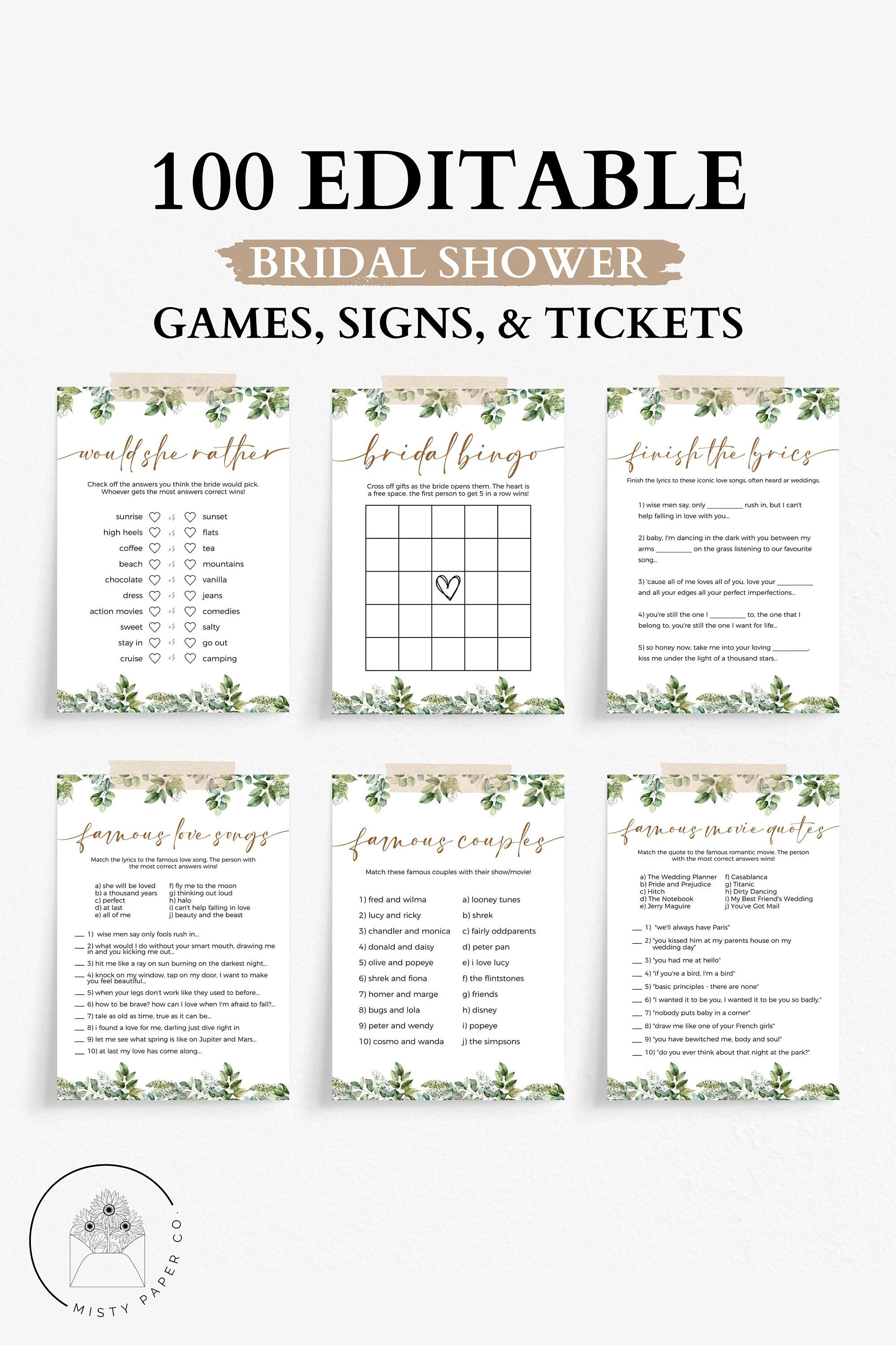 100 Editable Bridal Shower Game Set, Greenery Bridal Shower, Minimalist ...