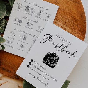 Instruções minimalistas editáveis para câmera e placa de livro de visitas com foto, placas de livro de visitas para casamento Instax Mini 11 Polaroid, download instantâneo