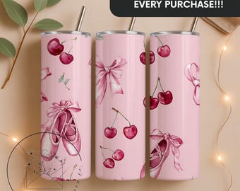 Pink Coquette Cherries 20 oz Skinny Tumbler Sublimation Design Digital Download PNG Instant DIGITAL ONLY, Tumbler Wrap