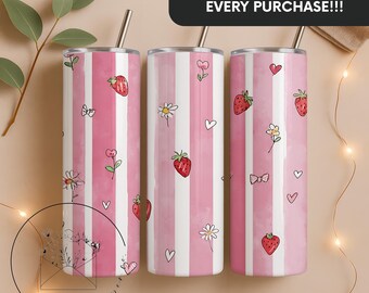 Cute Strawberry Coquette Bow & Daisy Design 20 oz Skinny Tumbler Sublimation Design Digital Download PNG Instant DIGITAL ONLY, Tumbler Wrap