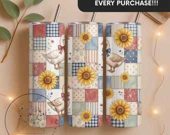 Sunflower Goose Quilt Tumbler Wrap PNG, Patriotic Cottagecore Farmhouse 20oz Skinny Tumbler Sublimation Design