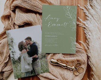 Sage Minimalist Wedding Invitation Template Set | Olive Green Wedding Invite | Modern Sage Green Wedding Invite | Photo Wedding Invite