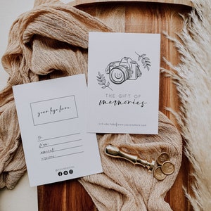 Plantilla de certificado de regalo de fotografía minimalista, tarjeta de regalo de fotógrafo, vale de regalo de sesión de fotos, cupón para pequeñas empresas