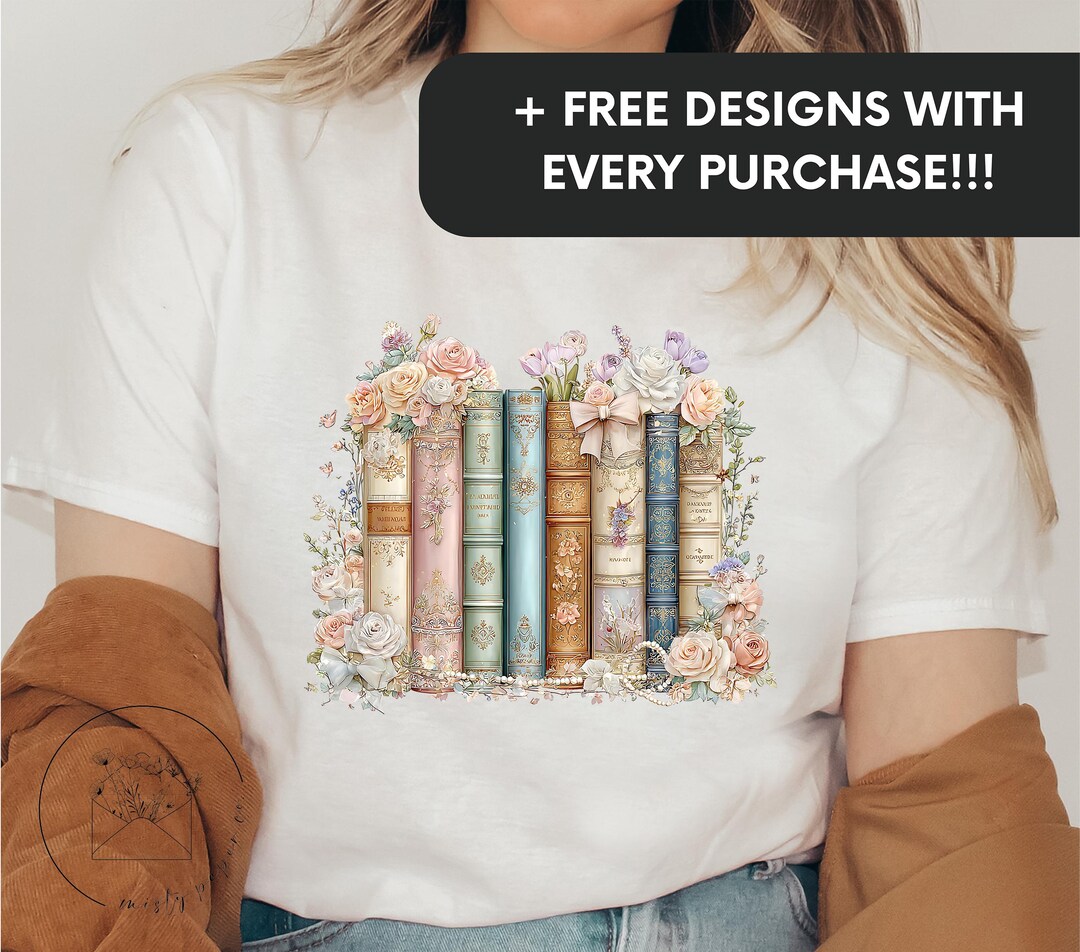Book Lovers Png Design, Floral Bookish Bookshelf Sublimation Design for ...
