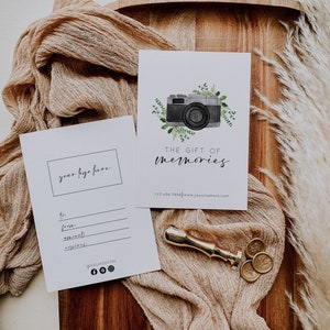 Modèle de chèque-cadeau photographie minimaliste, carte-cadeau pour photographe, chèque-cadeau pour une séance photo, coupon petite entreprise