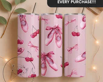 Pink Coquette Cherries 20 oz Skinny Tumbler Sublimation Design Digital Download PNG Instant DIGITAL ONLY, Tumbler Wrap