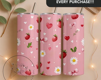 Cute Strawberry Coquette Bow & Daisy Design 20 oz Skinny Tumbler Sublimation Design Digital Download PNG Instant DIGITAL ONLY, Tumbler Wrap