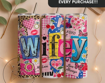 Retro Floral Wifey Png 20 oz Tumbler Wrap, Colorful Wifey Quote Sublimation Design, Coquette Pink Checkered Trendy Png Digital Download