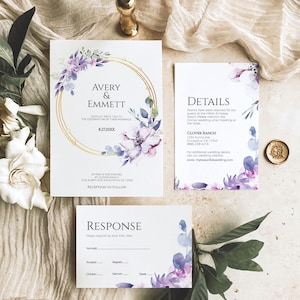 Modello di invito a nozze lilla, suite di inviti a nozze lavanda, invito a nozze viola, matrimonio floreale viola, modifica con Templett