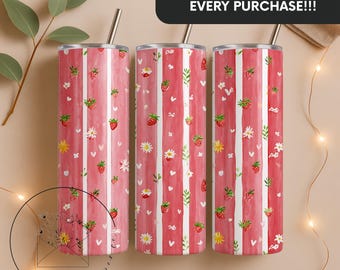 Cute Strawberry Coquette Bow & Daisy Design 20 oz Skinny Tumbler Sublimation Design Digital Download PNG Instant DIGITAL ONLY, Tumbler Wrap