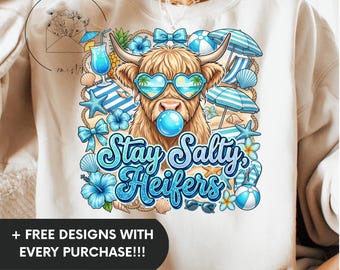 Stay Salty Heifers PNG, Funny Highland Cow Summer Beach Sublimation Design, Funny Tropical Cowgirl Vacation Digital Download
