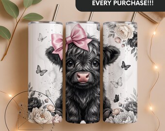 Baby Highland Cow Floral Tumbler Wrap, Black and White Highland Cow Flower Tumbler Wrap 20oz Sublimation Design