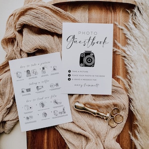 Instruções minimalistas editáveis para câmera e placa de livro de visitas com foto, placas de livro de visitas para casamento Instax Mini 11 Polaroid, download instantâneo