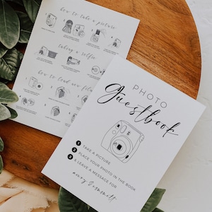 Instruções editáveis da câmera e placa de livro de visitas com foto, placas de livro de visitas de casamento Instax Mini 11 Polaroid, download instantâneo, minimalista