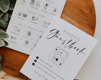 Bearbeitbare Kameraanleitung und Foto-Gästebuchschild, Hochzeit Instax Mini 11 Polaroid-Gästebuchschilder, Sofortiger Download, minimalistisch