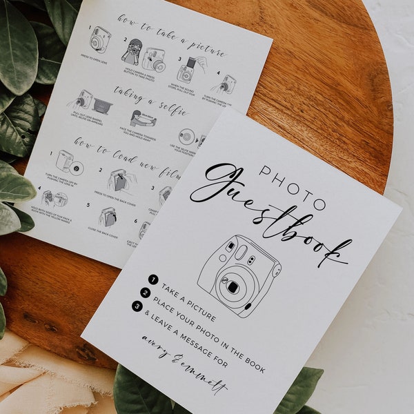 Istruzioni per la fotocamera modificabili e cartello per libro degli ospiti fotografico, matrimonio Instax Mini 11 cartelli per libro degli ospiti Polaroid, download istantaneo, minimalista