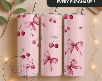 Pink Coquette Cherries 20 oz Skinny Tumbler Sublimation Design Digital Download PNG Instant DIGITAL ONLY, Tumbler Wrap