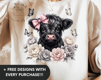 Black Highland Cow Shirt PNG, Pink Bow Floral Butterfly Farmhouse Sweatshirt Sublimation Design
