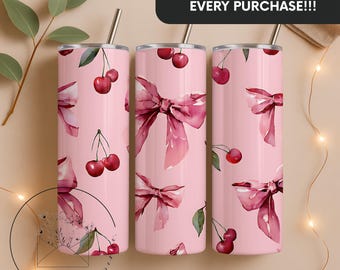 Pink Coquette Cherries 20 oz Skinny Tumbler Sublimation Design Digital Download PNG Instant DIGITAL ONLY, Tumbler Wrap