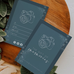 Modèle de chèque-cadeau photographie, carte-cadeau photographe bleu sarcelle, chèque-cadeau séance photo bohème, coupon petite entreprise