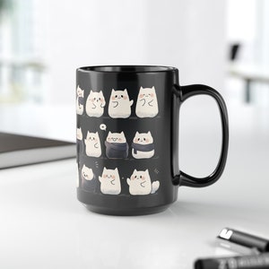 Cute Cat Mug 15oz, Cute Kawaii Cat Black Mug, Cute Cat Pattern Mug, Cat Mug, Cute Desk Decor, Kawaii Cat Mug Gifts, Kawaii Office Decor