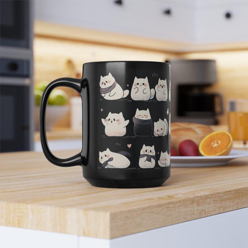 Cute Cat Mug 15oz, Cute Kawaii Cat Black Mug, Cute Cat Pattern Mug, Cat Mug, Cute Desk Decor, Kawaii Cat Mug Gifts, Kawaii Office Decor image 4