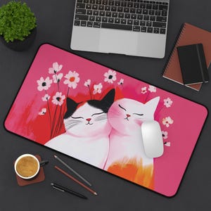 Cute Desk Mat, Kawaii Cat Pink, Simple Drawing Style, Cute Office Decor, Pink Cat Mouse Pad, Desk Accessories, Cat Lover Gift