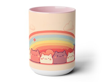 Taza Kawaii de Gato de 443 ml, Taza con Estética Bonita, Lindos Patrones de Gatos Kawaii Simples, Lindas Tazas Rosas Arcoíris, Linda Taza de Café con Gato, Linda Taza de Gato Chibi