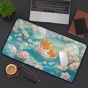 Kawaii Fox Sakura Desk Mat, Cute Floating Fox Mouse Pad, Pastel Spring Floral Desk Pad, Cozy Anime Aesthetic Desk Decor, Gift for Fox Lovers image 4